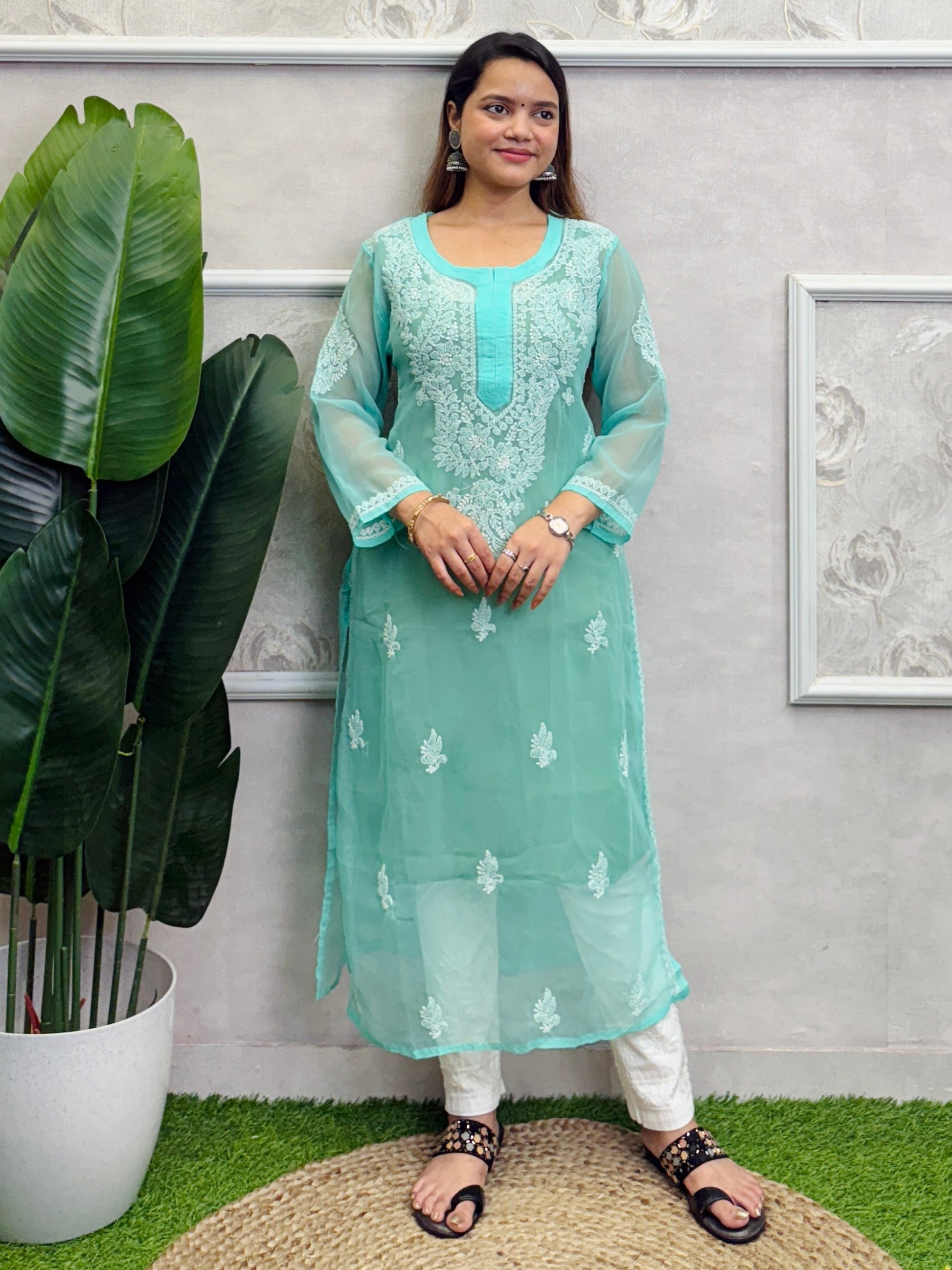 Sea Green Georgette Lucknow Chikankari Kurta with delicate hand embroidery, translucent fabric, casual wear.