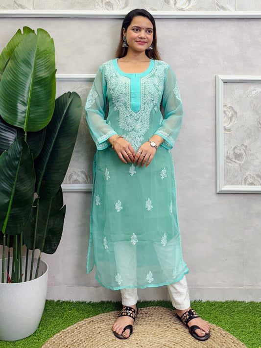 Sea Green Georgette Lucknow Chikankari Kurta with delicate hand embroidery, translucent fabric, casual wear.