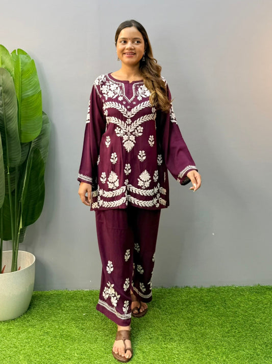 Plum purple short chikankari kurta and pant set in rayon fabric with white hand embroidery