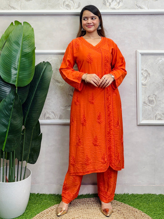 Orange Lucknow Chikankari Kurta and Pant set in chanderi fabric with hand embroidery