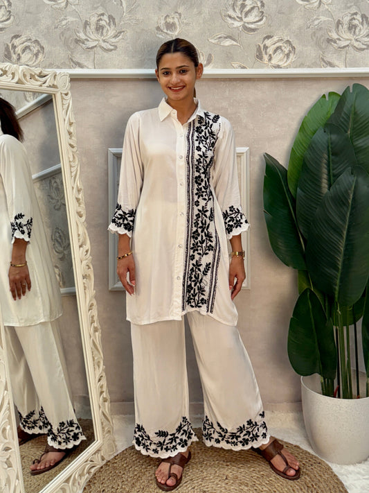 White rayon Lucknow Chikankari kurta and palazzo set with black thread hand embroidery