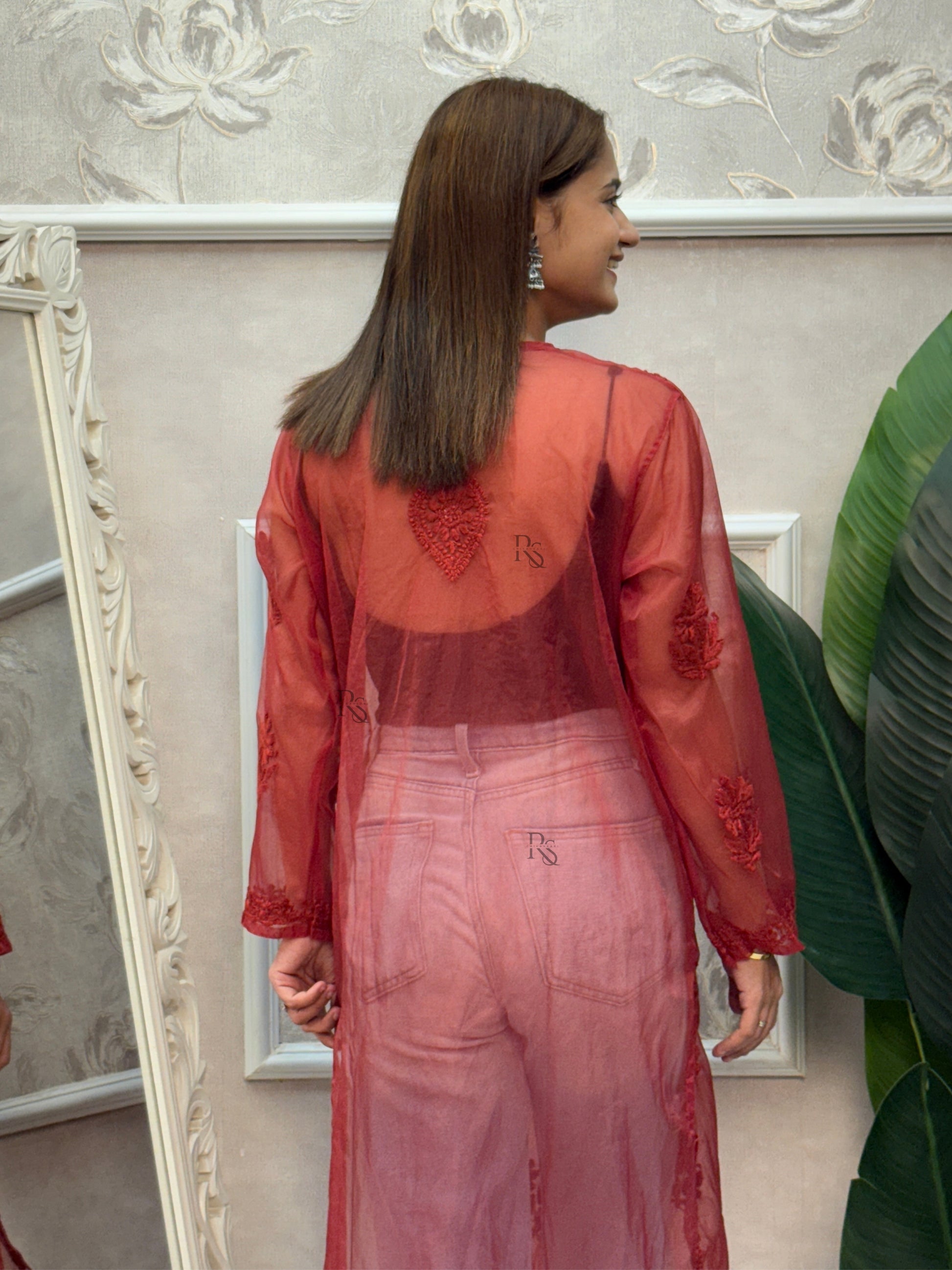 Red Lucknow Chikankari organza kurta with hand embroidery in transy fabric.