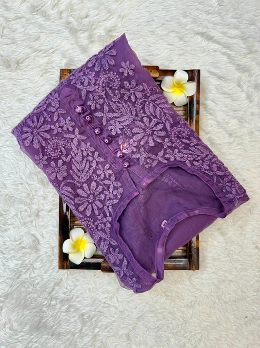 Purple Lucknow chikankari organza kurta with hand embroidery in transy fabric