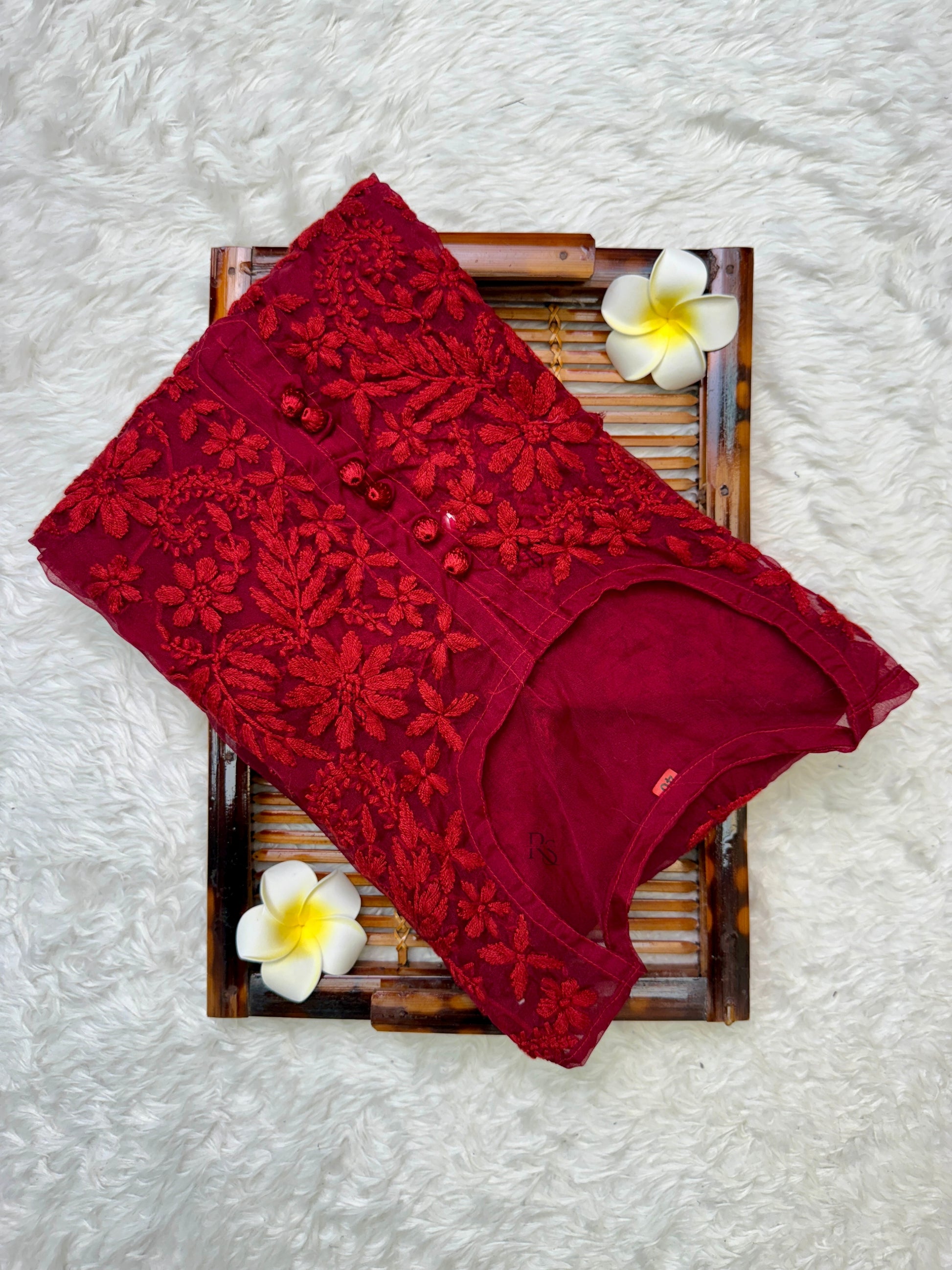 Red Lucknow chikankari organza kurta with hand embroidery in transy fabric