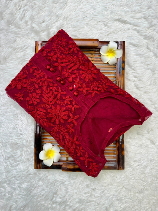 Red Lucknow chikankari organza kurta with hand embroidery in transy fabric
