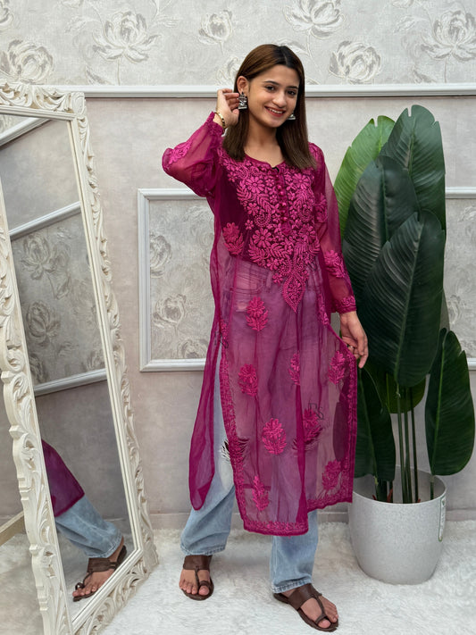 Magenta Lucknow Chikankari organza kurta with tonal hand embroidery.