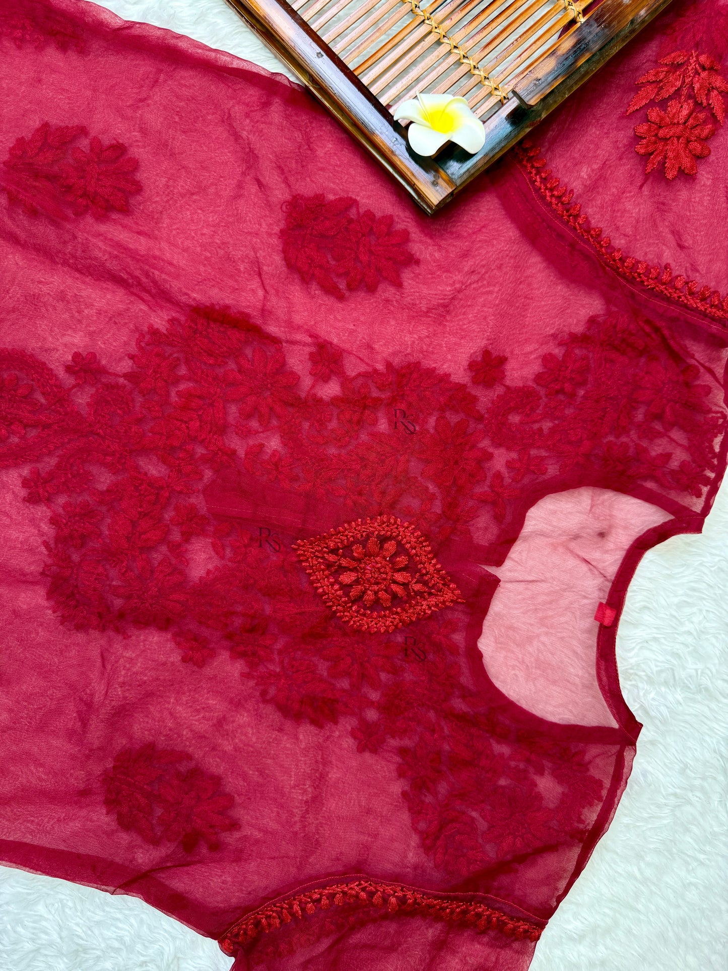 Red Lucknow chikankari organza kurta with hand embroidery in transy fabric
