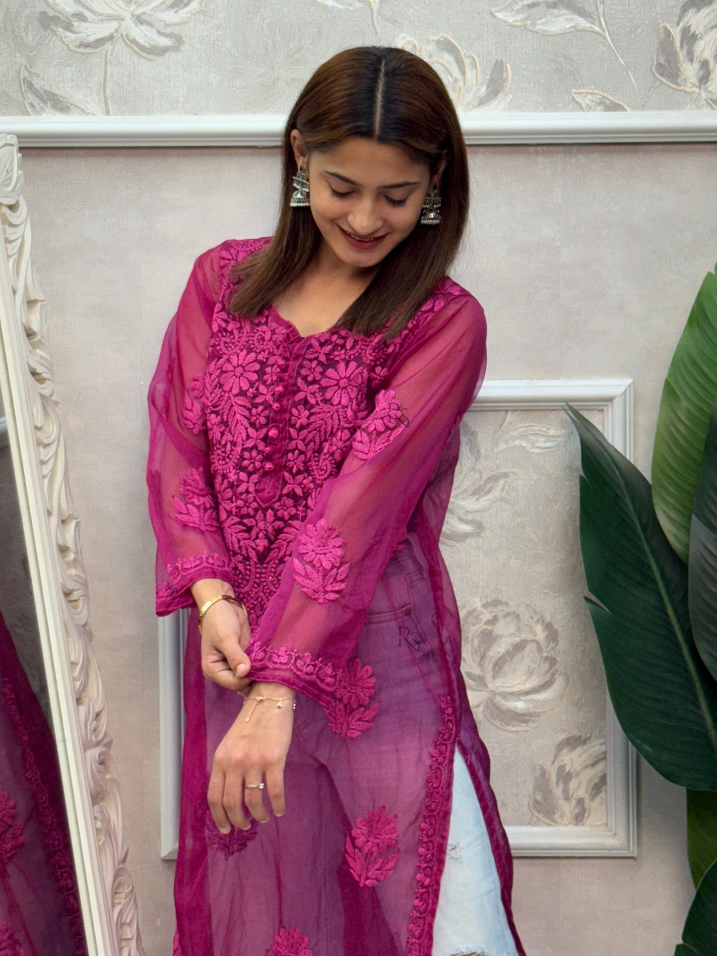 Magenta Lucknow Chikankari organza kurta with tonal hand embroidery.