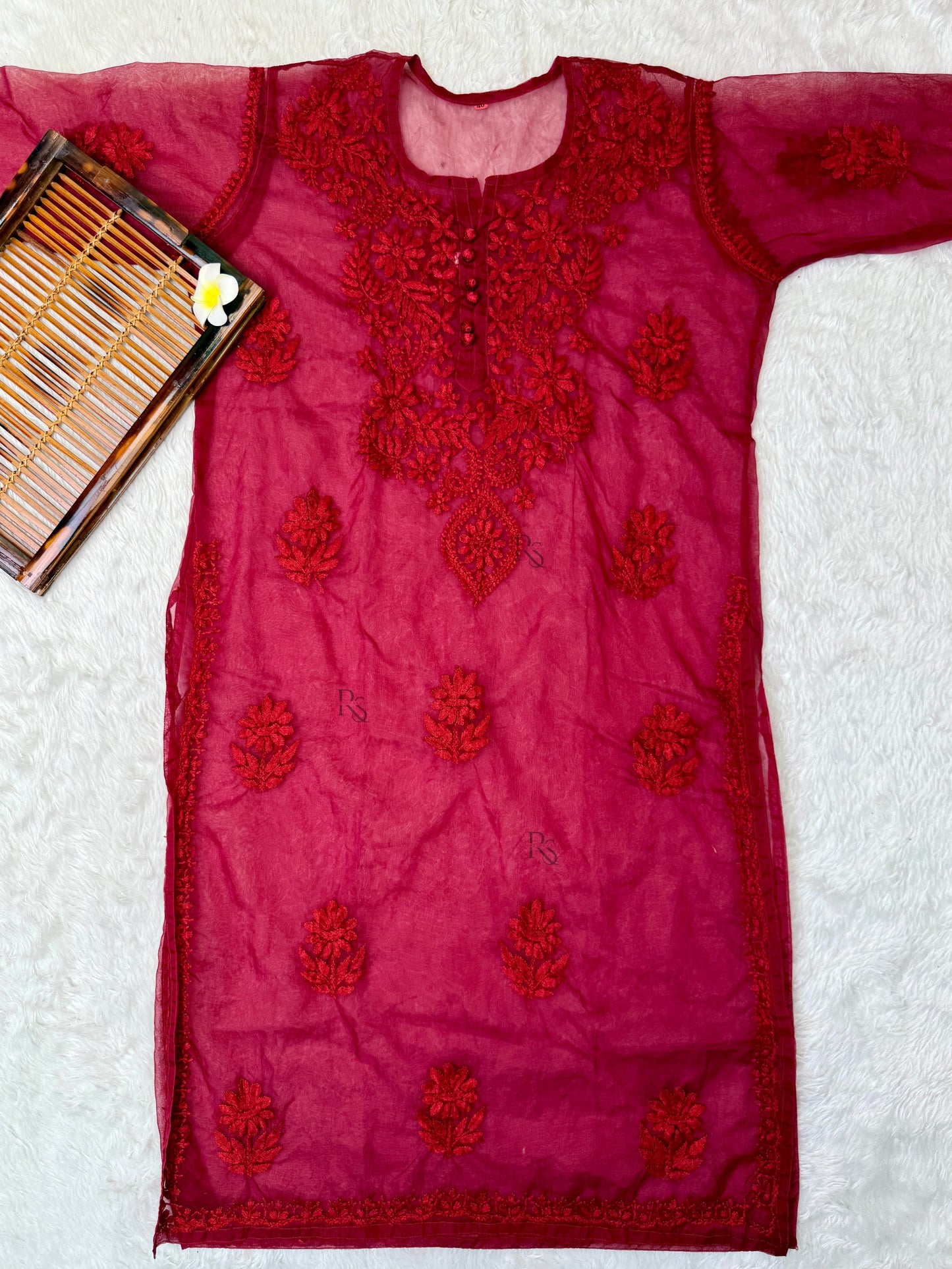 Red Lucknow chikankari organza kurta with hand embroidery in transy fabric