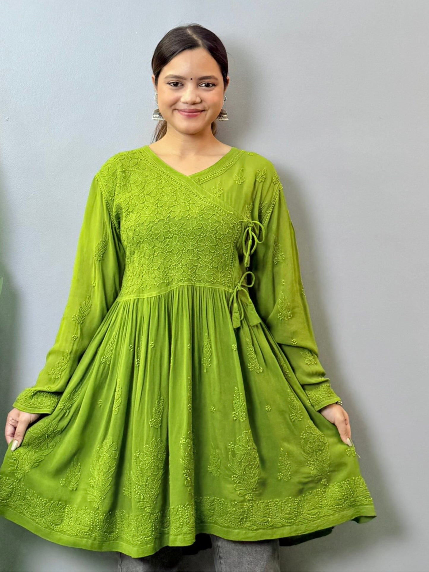 Olive green viscose angrakha-style Lucknowi Chikankari short kurta with hand embroidery