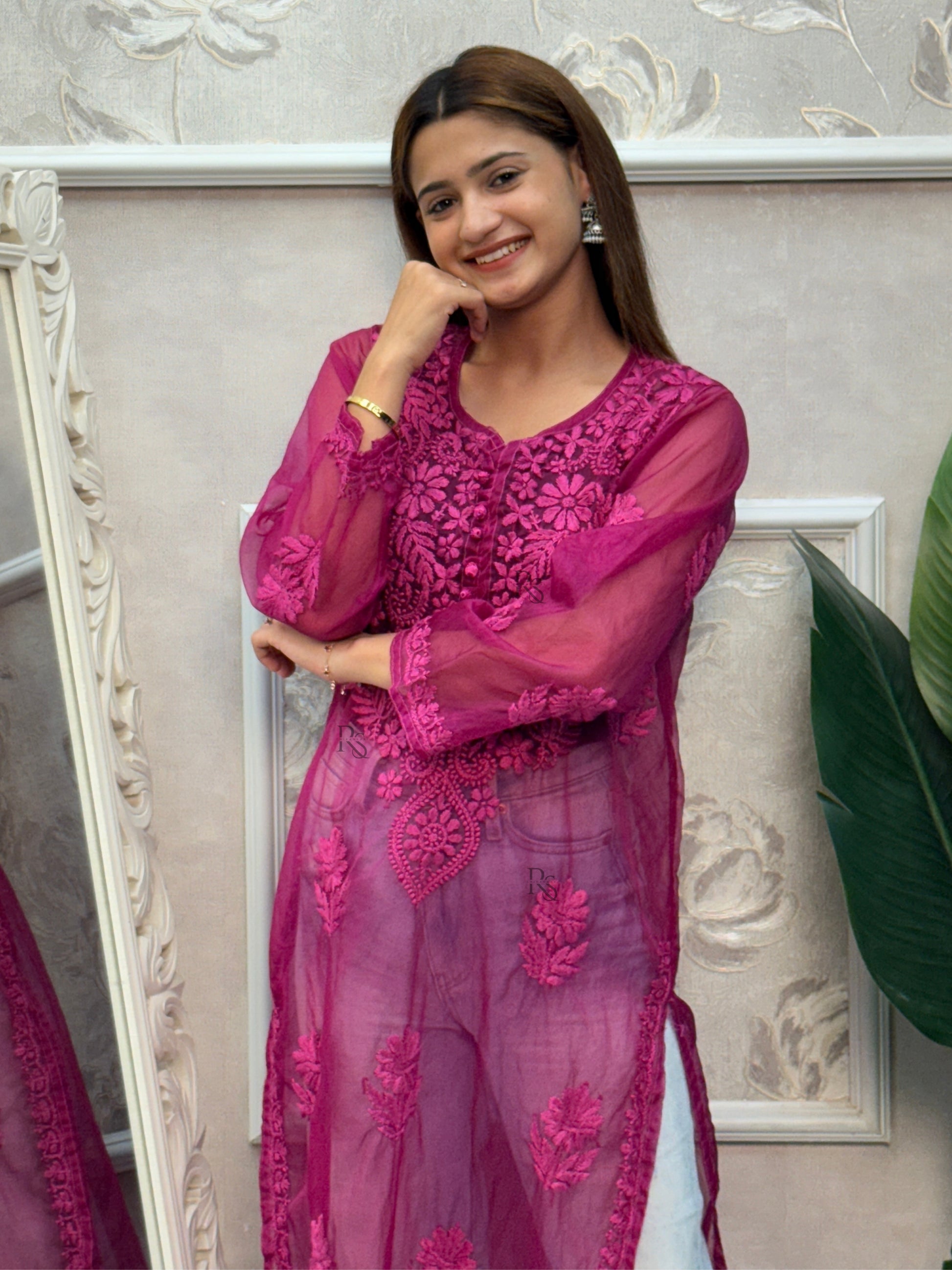 Magenta Lucknow Chikankari organza kurta with tonal hand embroidery.