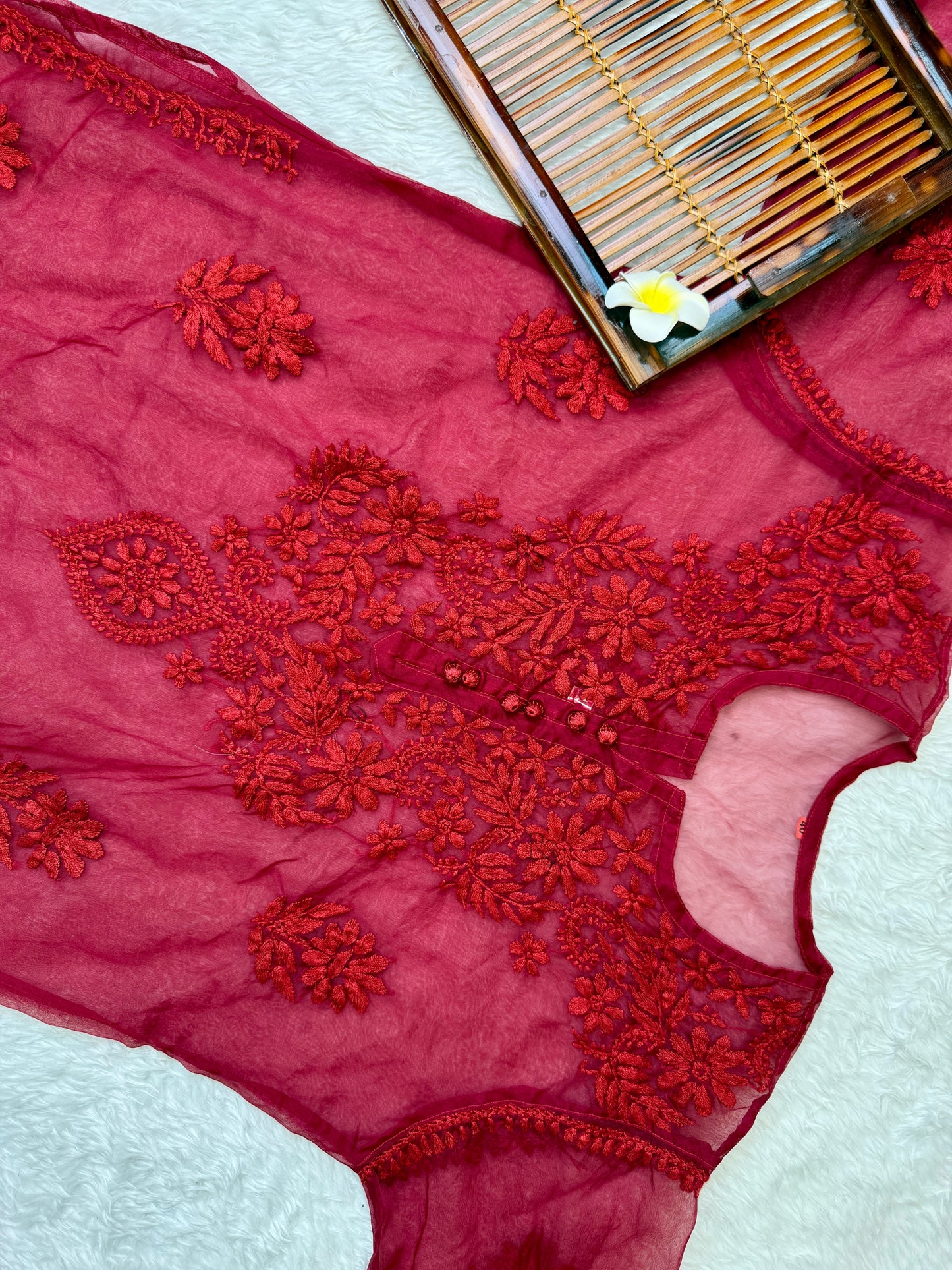 Red Lucknow chikankari organza kurta with hand embroidery in transy fabric