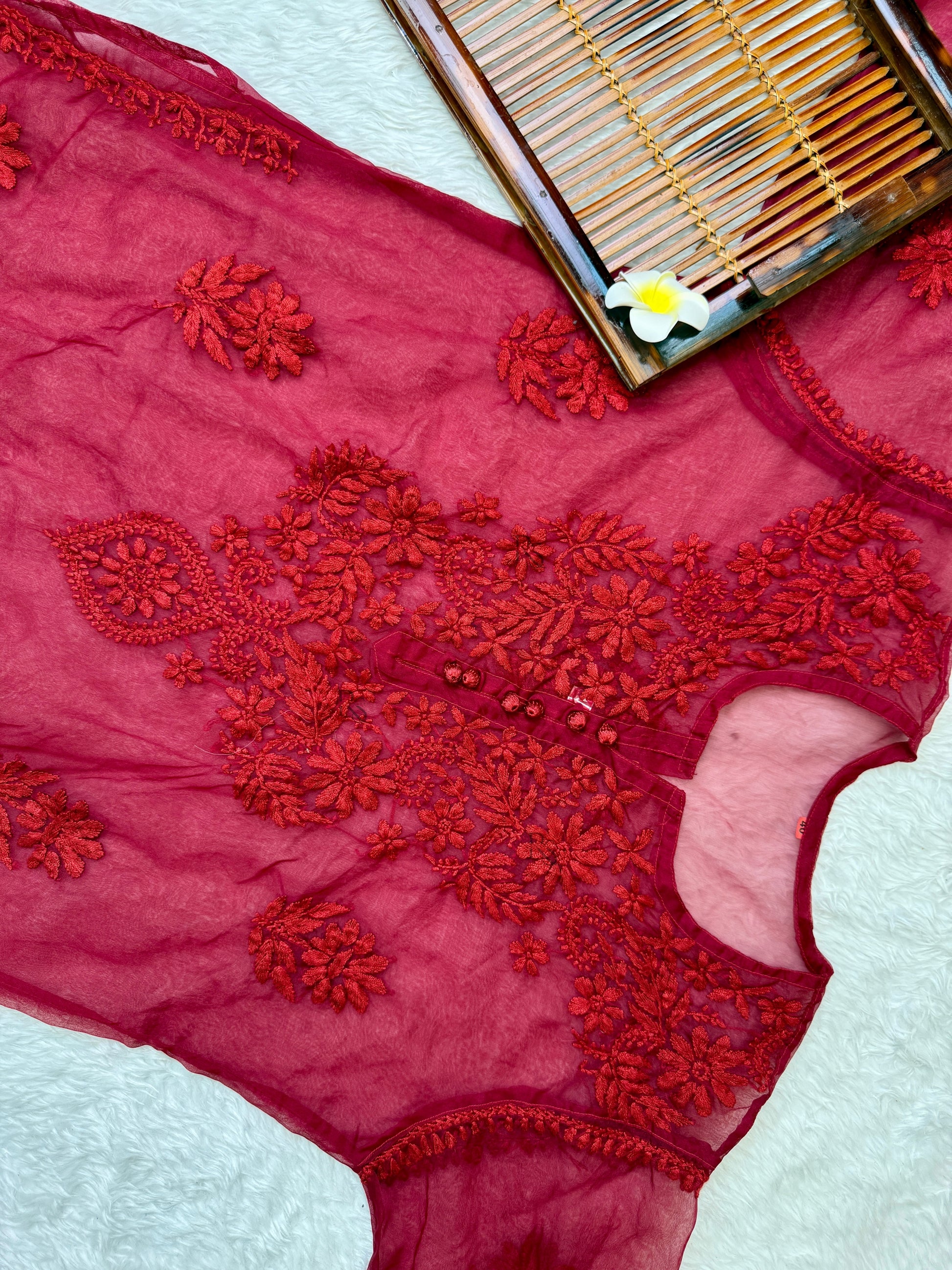 Red Lucknow chikankari organza kurta with hand embroidery in transy fabric