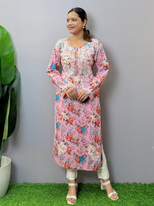 Printed pink mulmul kurta with floral design and white chikankari hand embroidery
