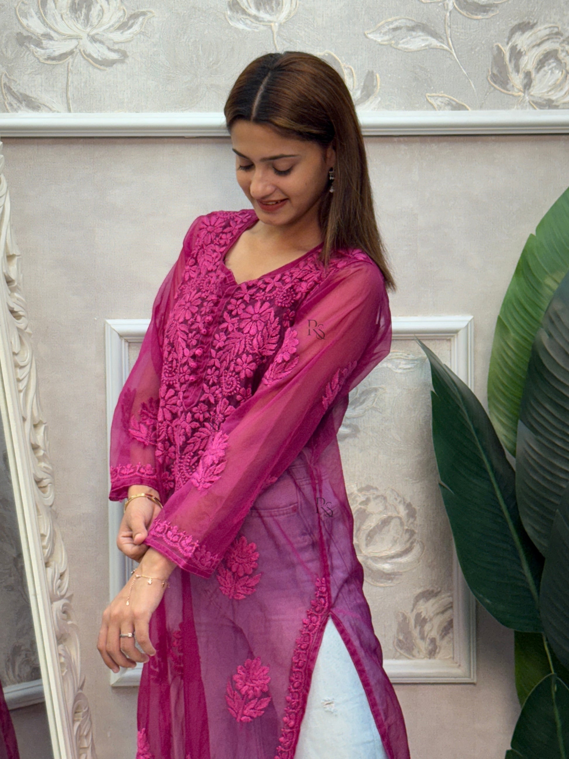 Magenta Lucknow Chikankari organza kurta with tonal hand embroidery.