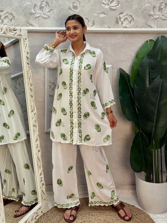 White rayon Lucknow Chikankari kurta and palazzo set with green thread hand embroidery