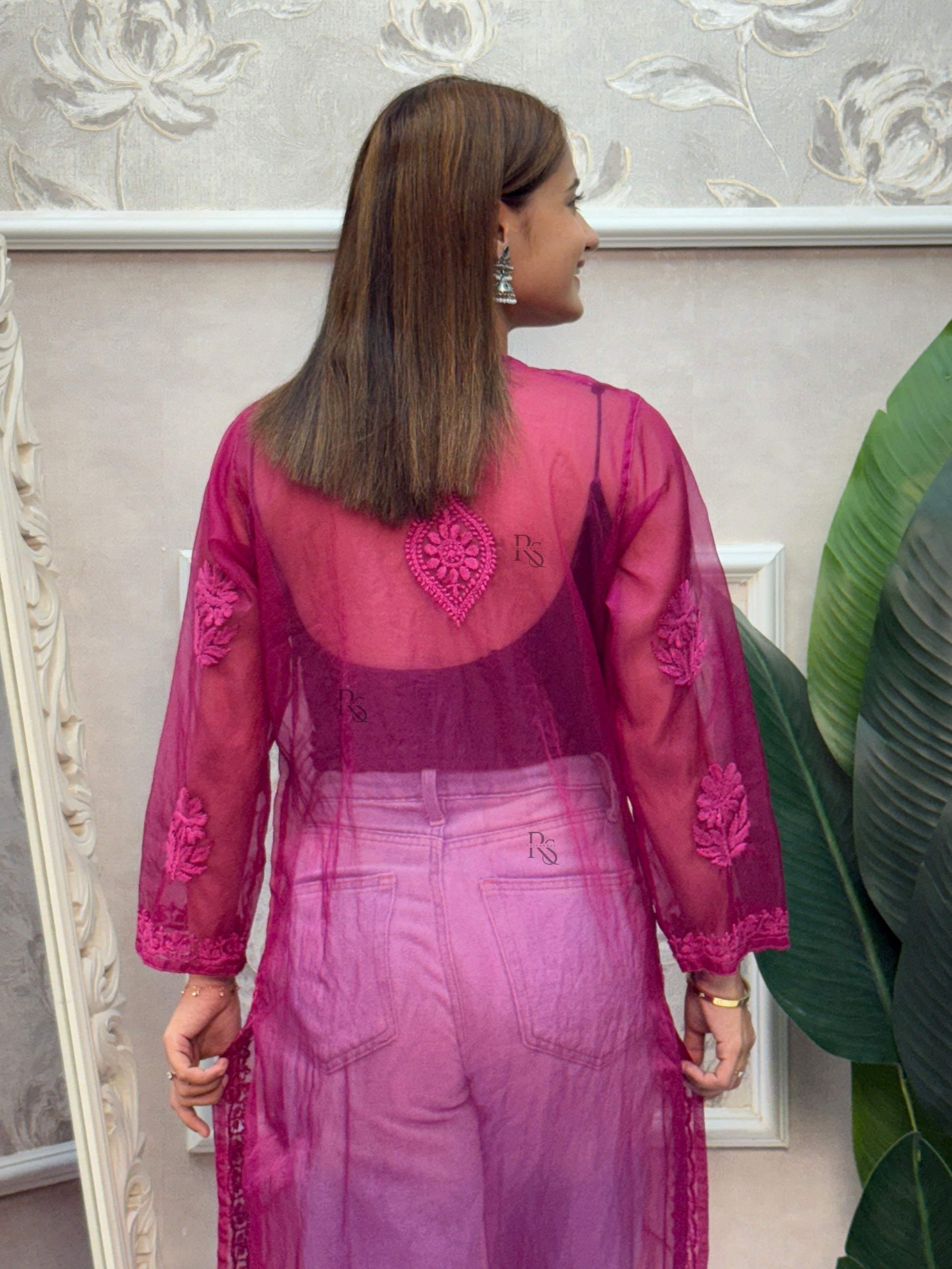 Magenta Lucknow Chikankari organza kurta with tonal hand embroidery.