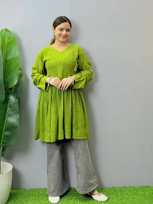 Olive green viscose angrakha-style Lucknowi Chikankari short kurta with hand embroidery
