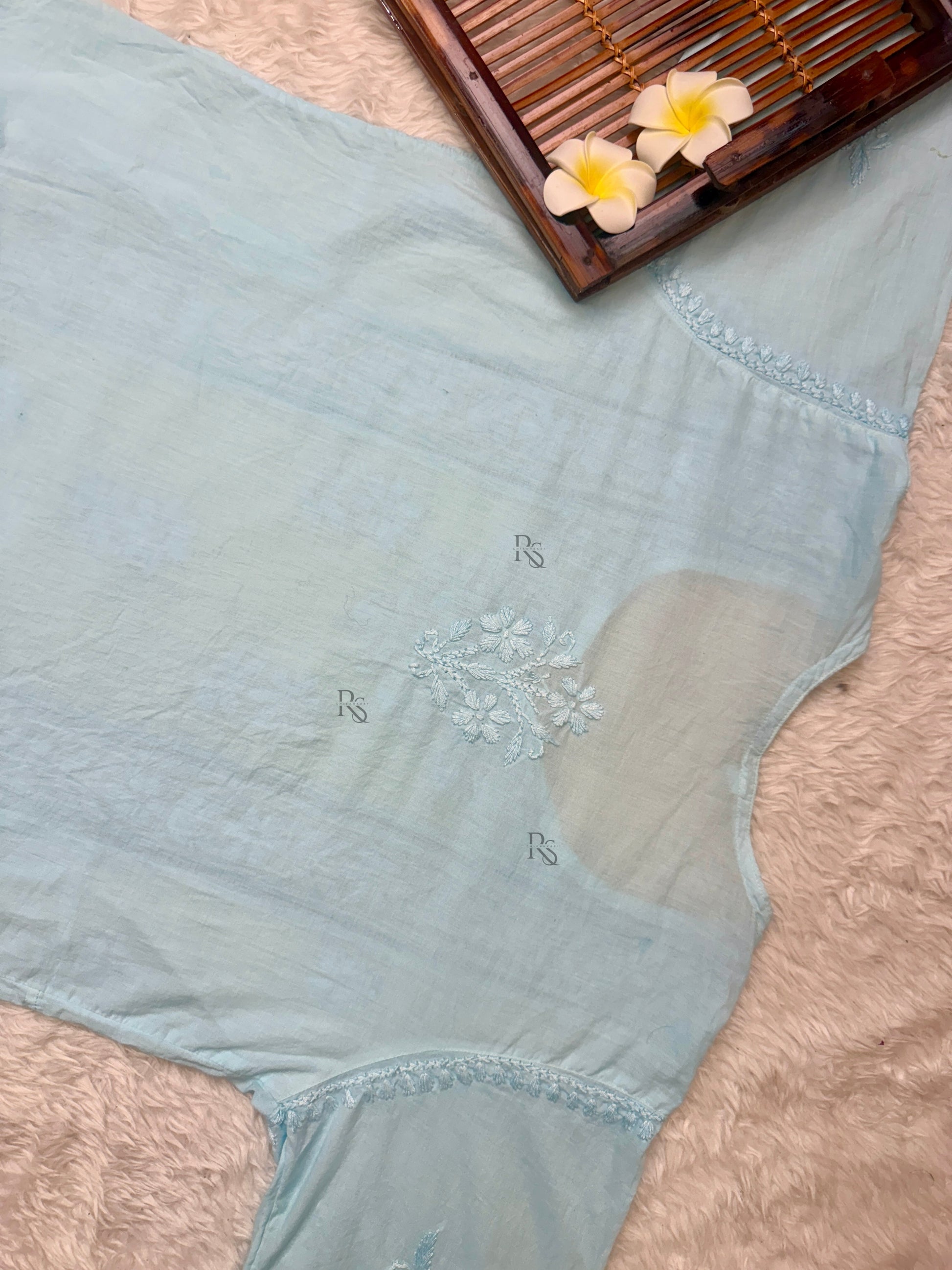 Sky blue Lucknow chikankari cotton short kurta with hand embroidery and side pockets