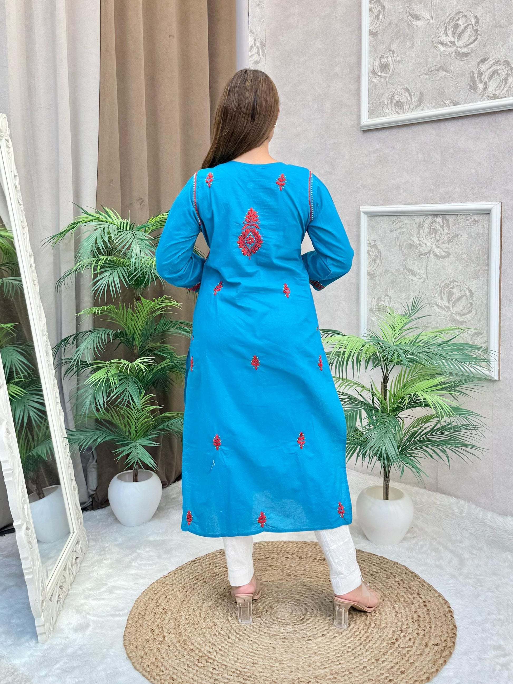 Teal blue cotton kurta with red and white contrast Lucknow Chikankari embroidery