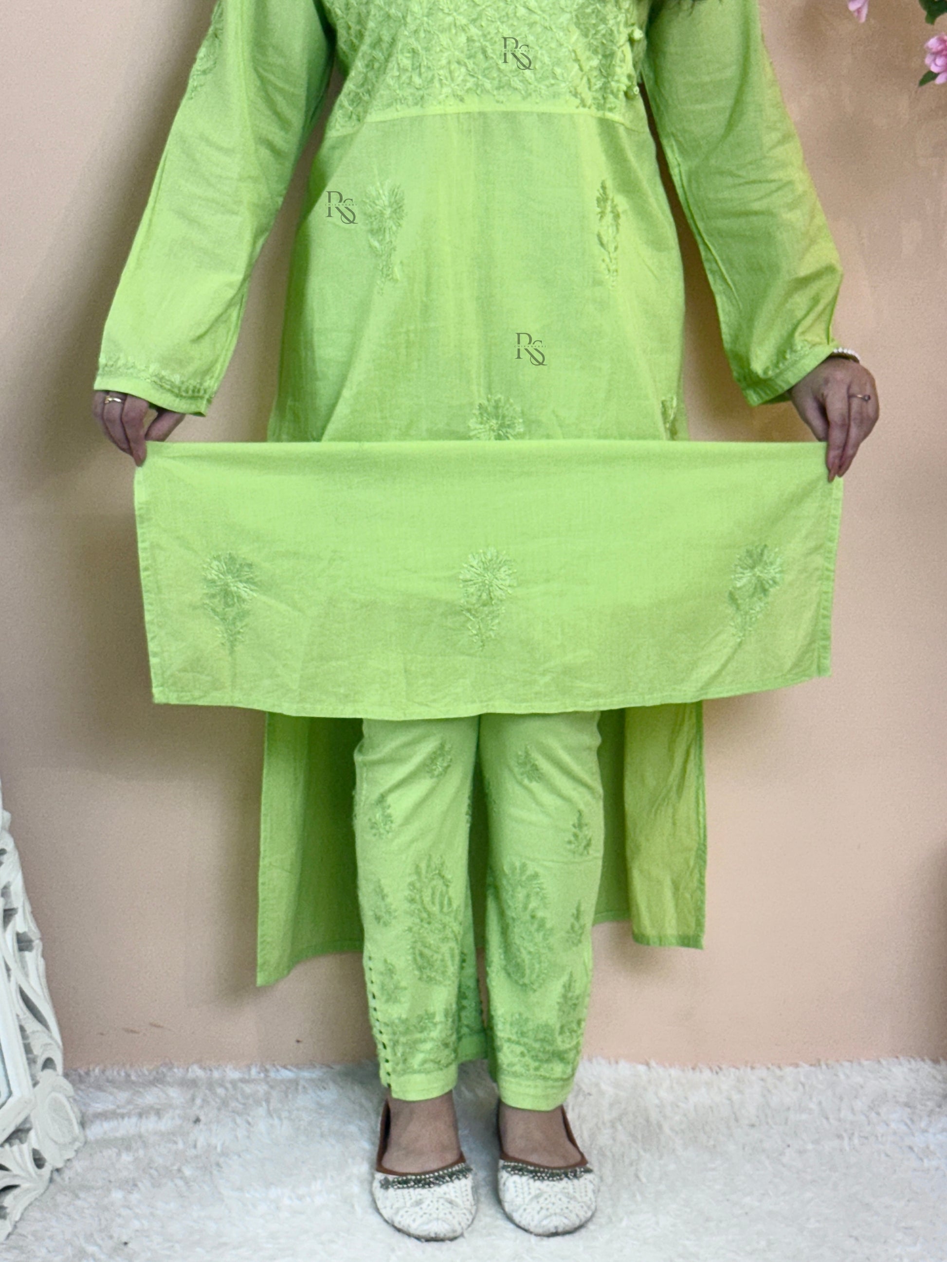 Lime green cotton chikankari kurta with matching stretch pant, hand embroidered ethnic set