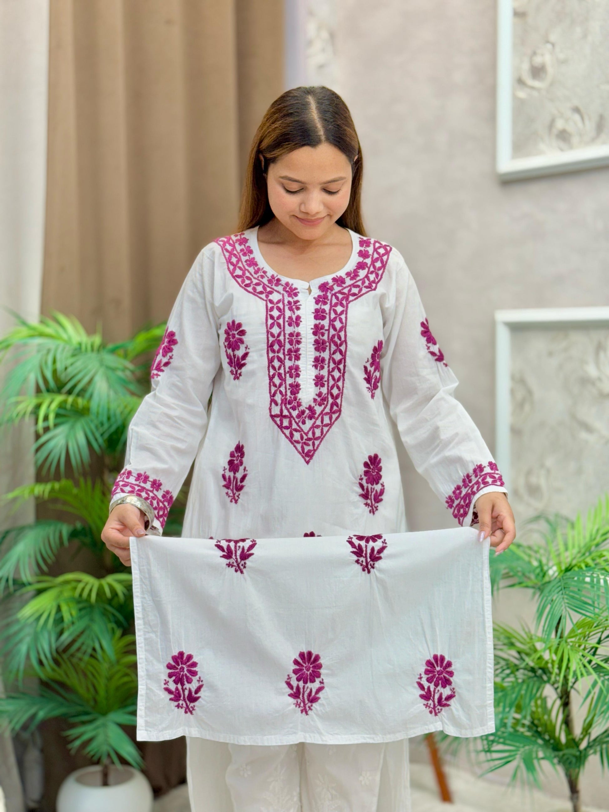 White mulmul chikankari kurta with wine-colored contrast thread hand embroidery