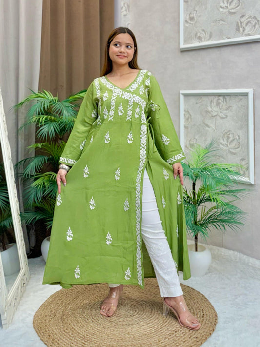 Olive green Chanderi angrakha kurta with white hand embroidery
