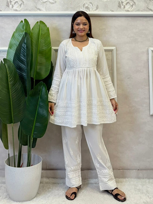 White Lucknow Chikankari cotton kurta and pant set with hand embroidery, soft and premium quality