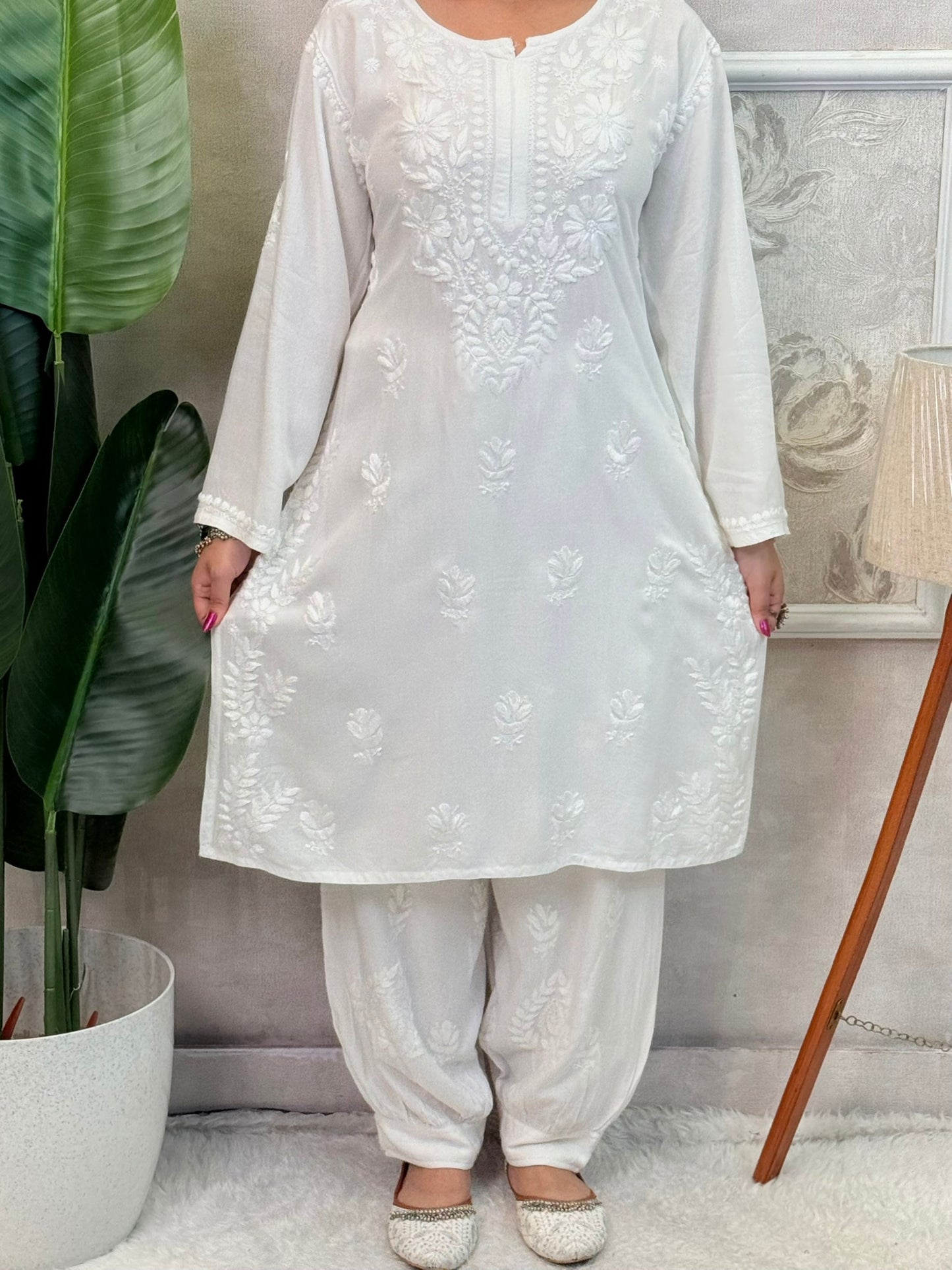 White dyable rayon chikankari kurta and Afghani pant set with hand embroidery