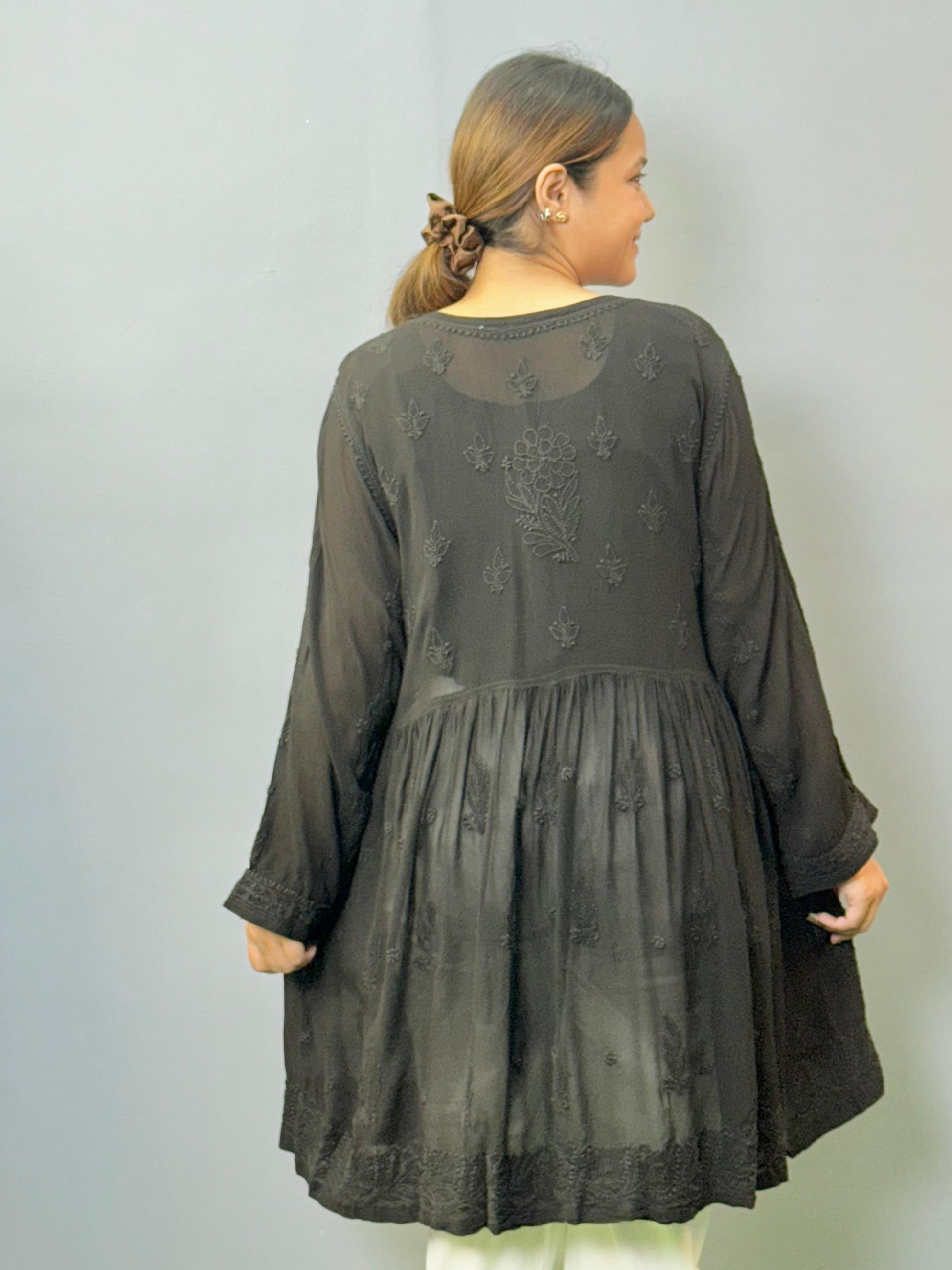 Black Lucknow chikankari short kurta with angrakha pattern in viscose transy fabric
