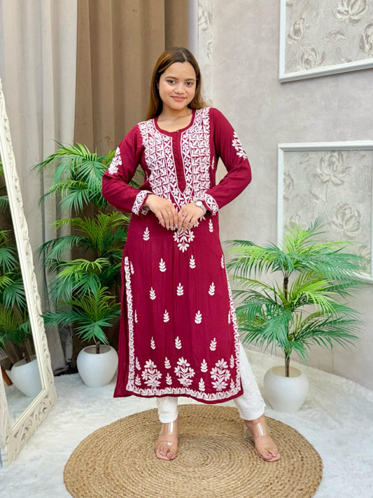 Maroon modal fabric Lucknow Chikankari kurta with white thread hand embroidery