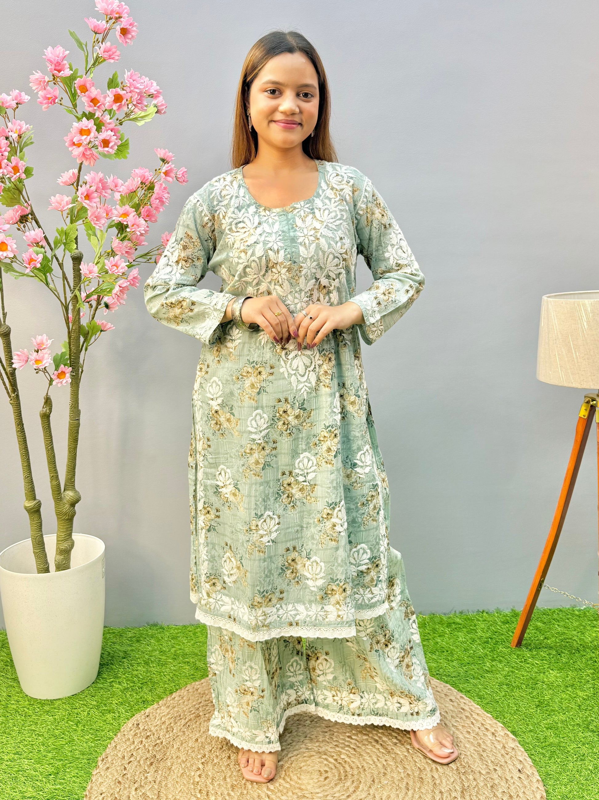 Mint green floral mulmul chikankari kurta and palazzo set with lace detailing