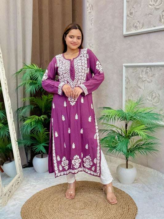Grape modal fabric kurta with Lucknow Chikankari embroidery