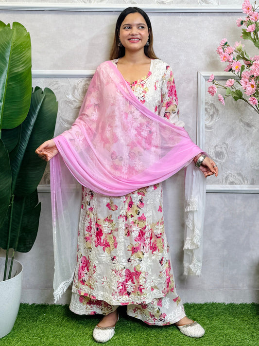 Lucknow Chikankari printed white and pink floral mulmul kurta palazzo set with pastel chiffon dupatta and hand embroidery