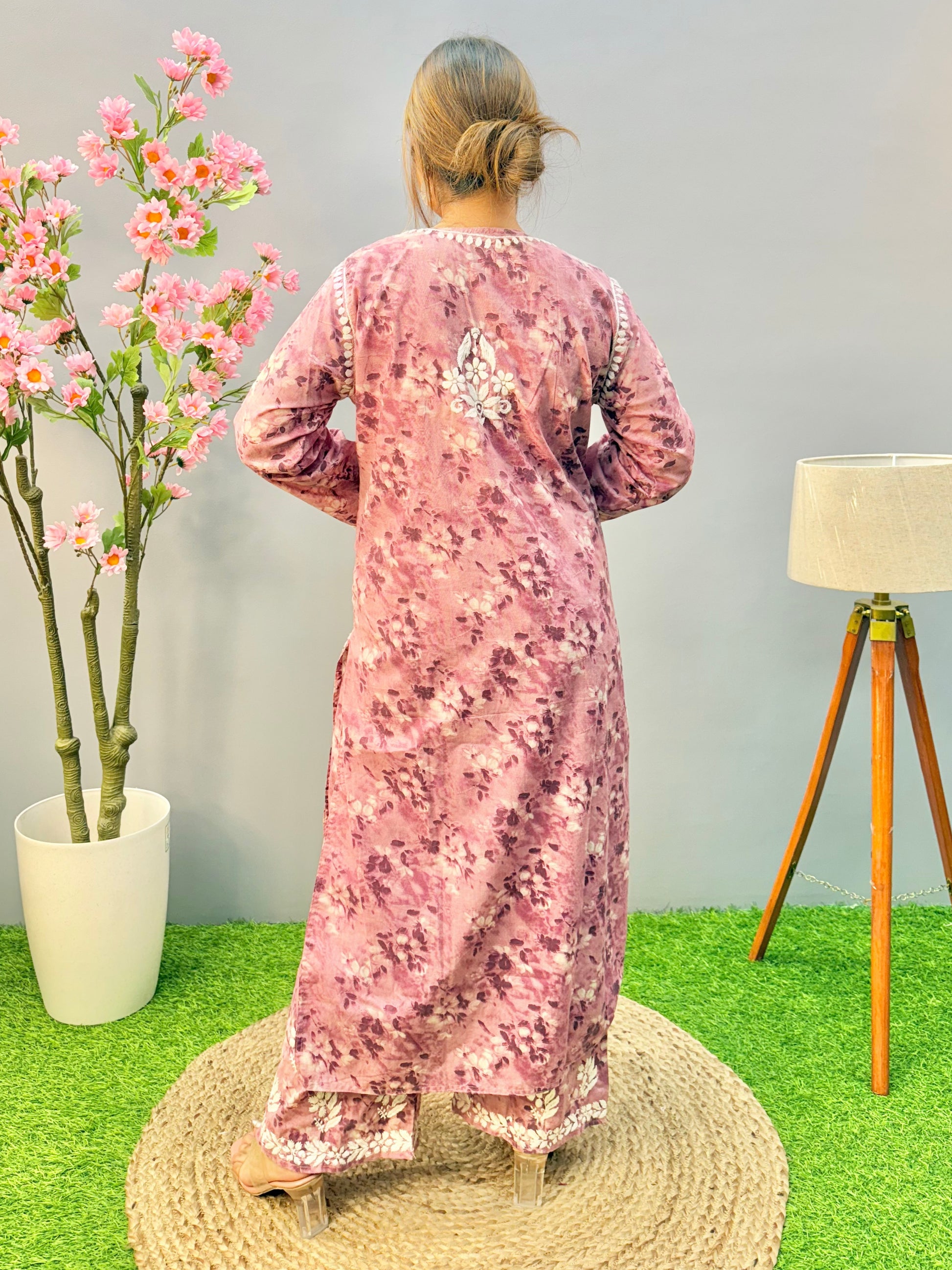 Rose mauve printed Lucknow chikankari kurta and palazzo set in soft mulmul fabric