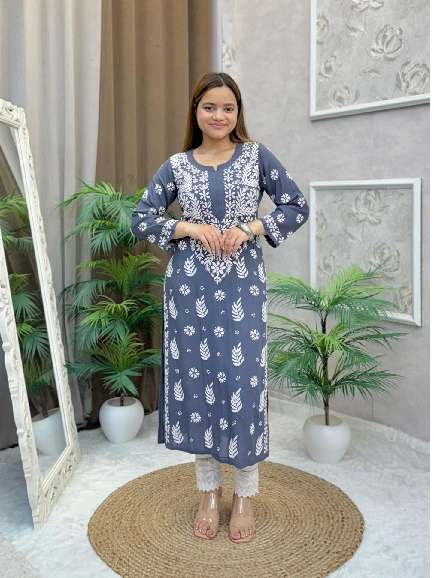 Grey modal fabric straight cut Lucknow Chikankari kurta with white thread embroidery