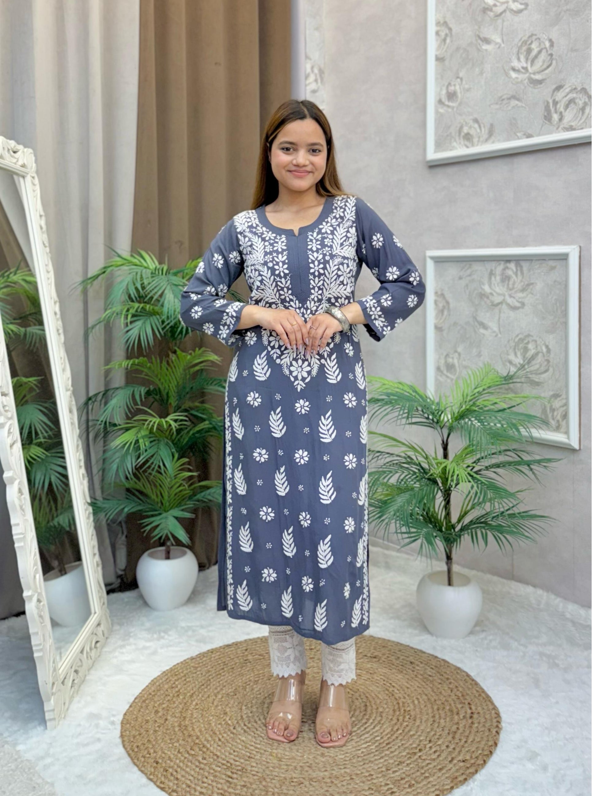 Grey modal fabric straight cut Lucknow Chikankari kurta with white thread embroidery