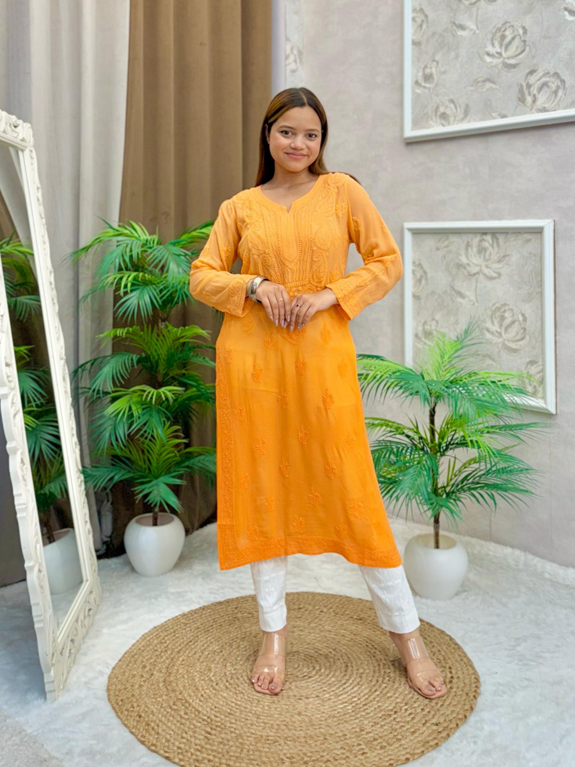 Amber orange viscose kurta with Lucknow chikankari hand embroidery