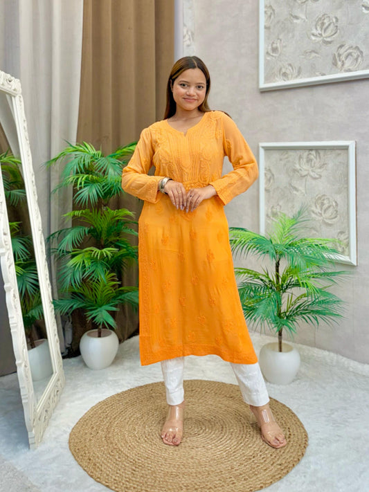 Amber orange viscose kurta with Lucknow chikankari hand embroidery