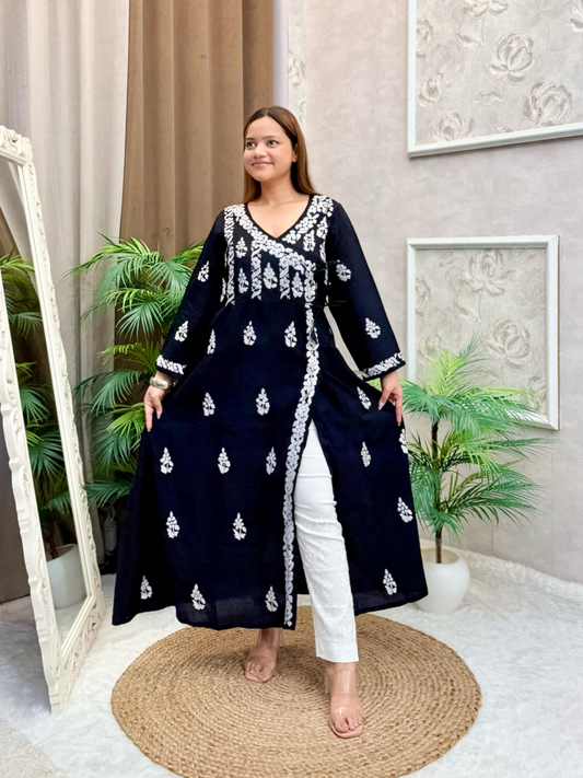 Black Chanderi Lucknow Chikankari angrakha kurta with white hand embroidery