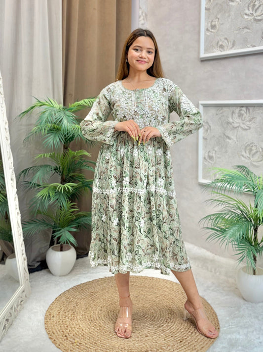Sage green printed mulmul frock kurta with flared silhouette and Lucknow Chikankari embroidery