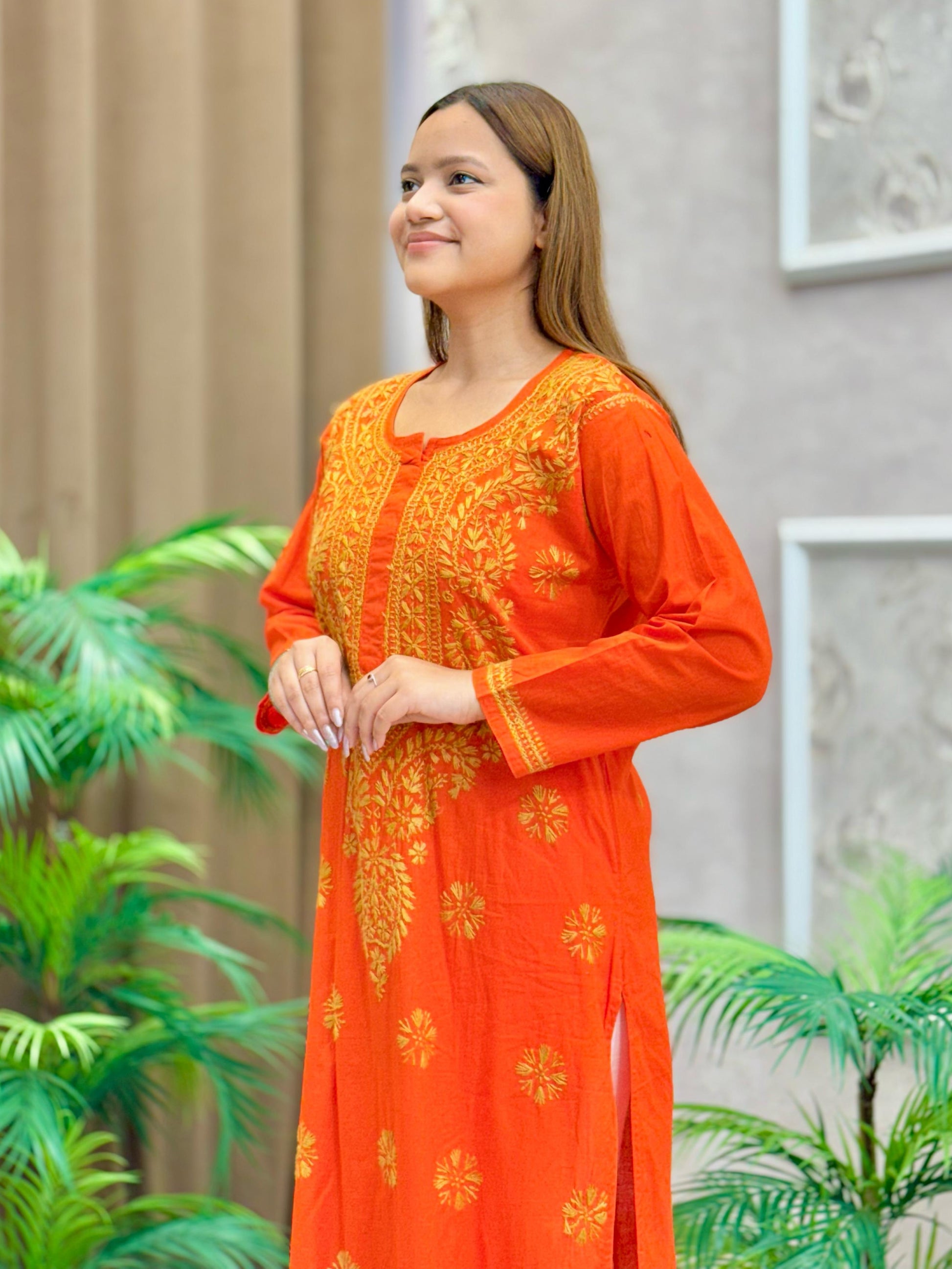 Fiery orange cotton kurta with golden contrast thread Lucknow chikankari embroidery