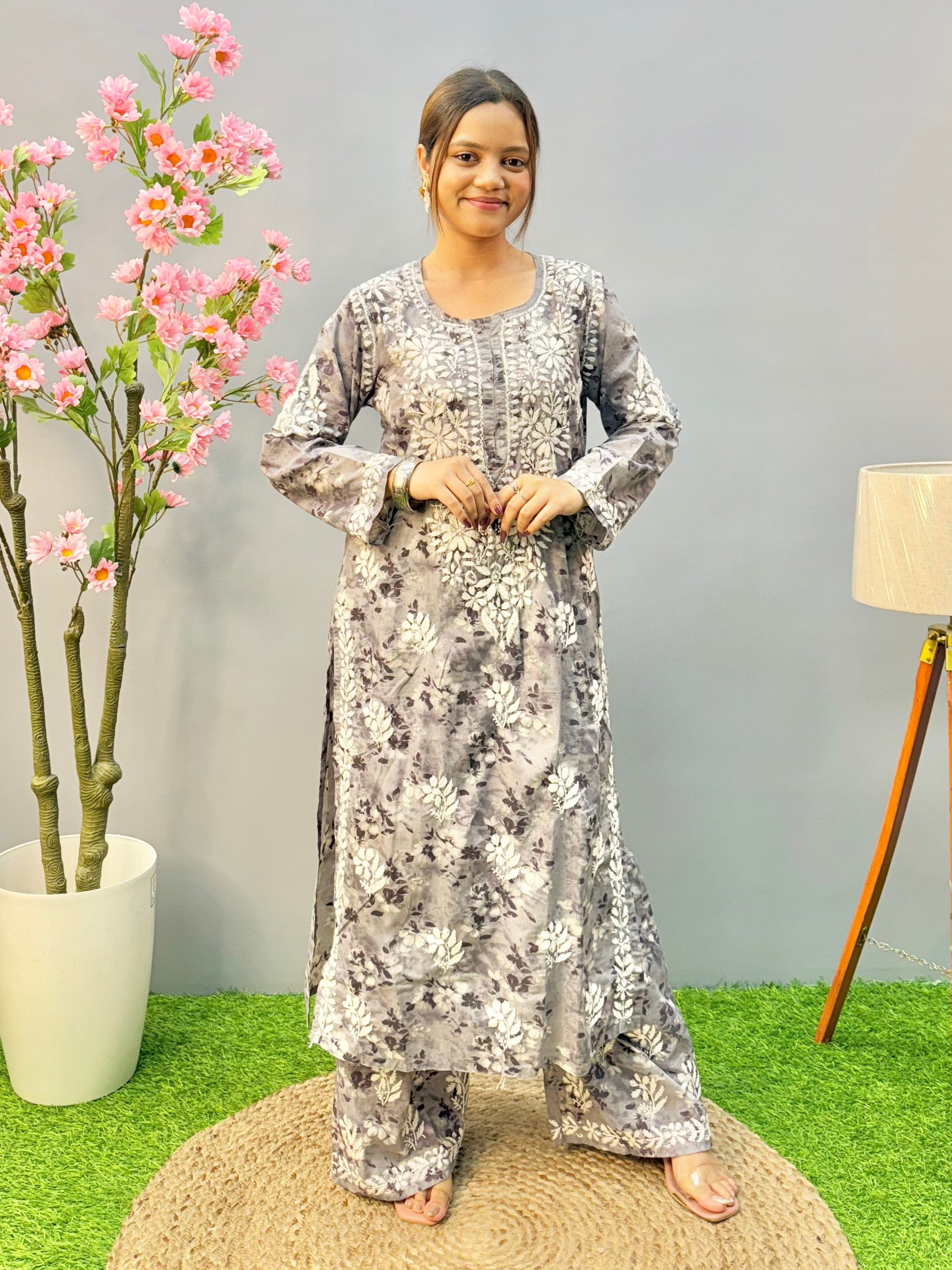 Smoky grey mulmul printed Lucknow Chikankari kurta and palazzo set