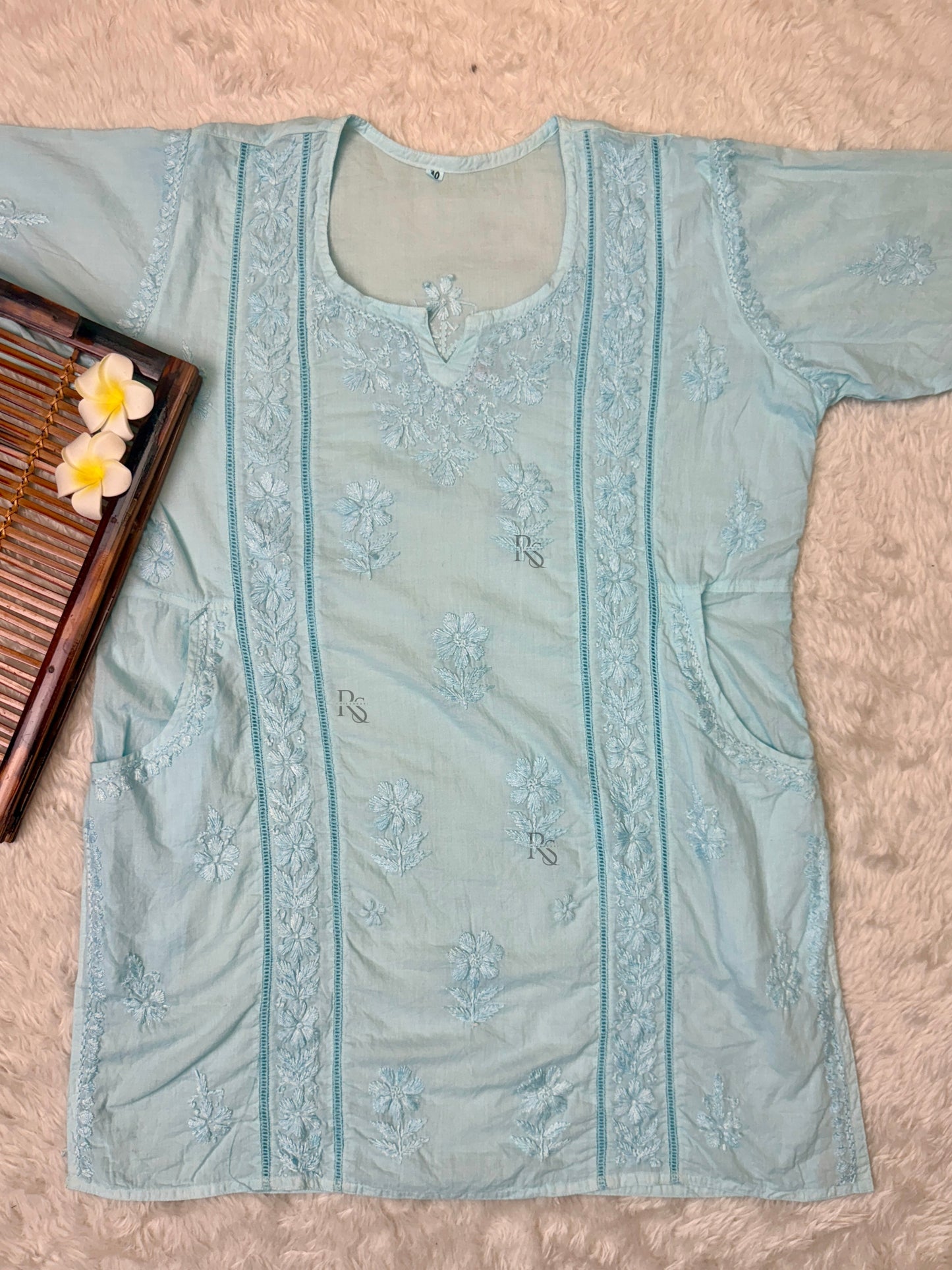 Sky blue Lucknow chikankari cotton short kurta with hand embroidery and side pockets