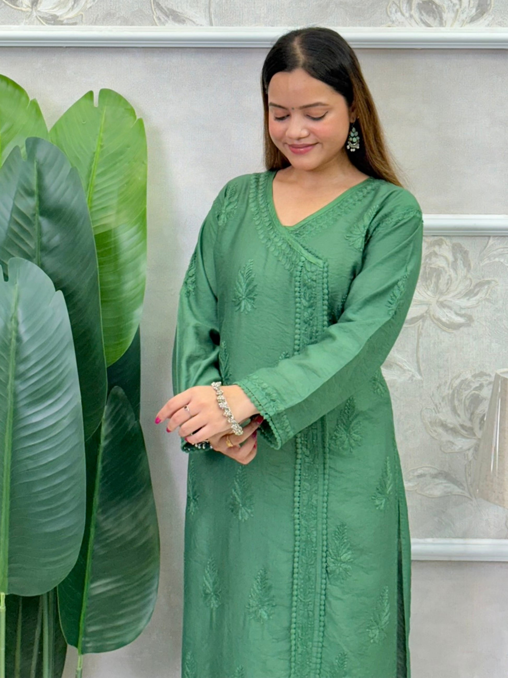 Emerald green Chanderi Chikankari Angrakha-style kurta with hand embroidery – ethnic wear for women