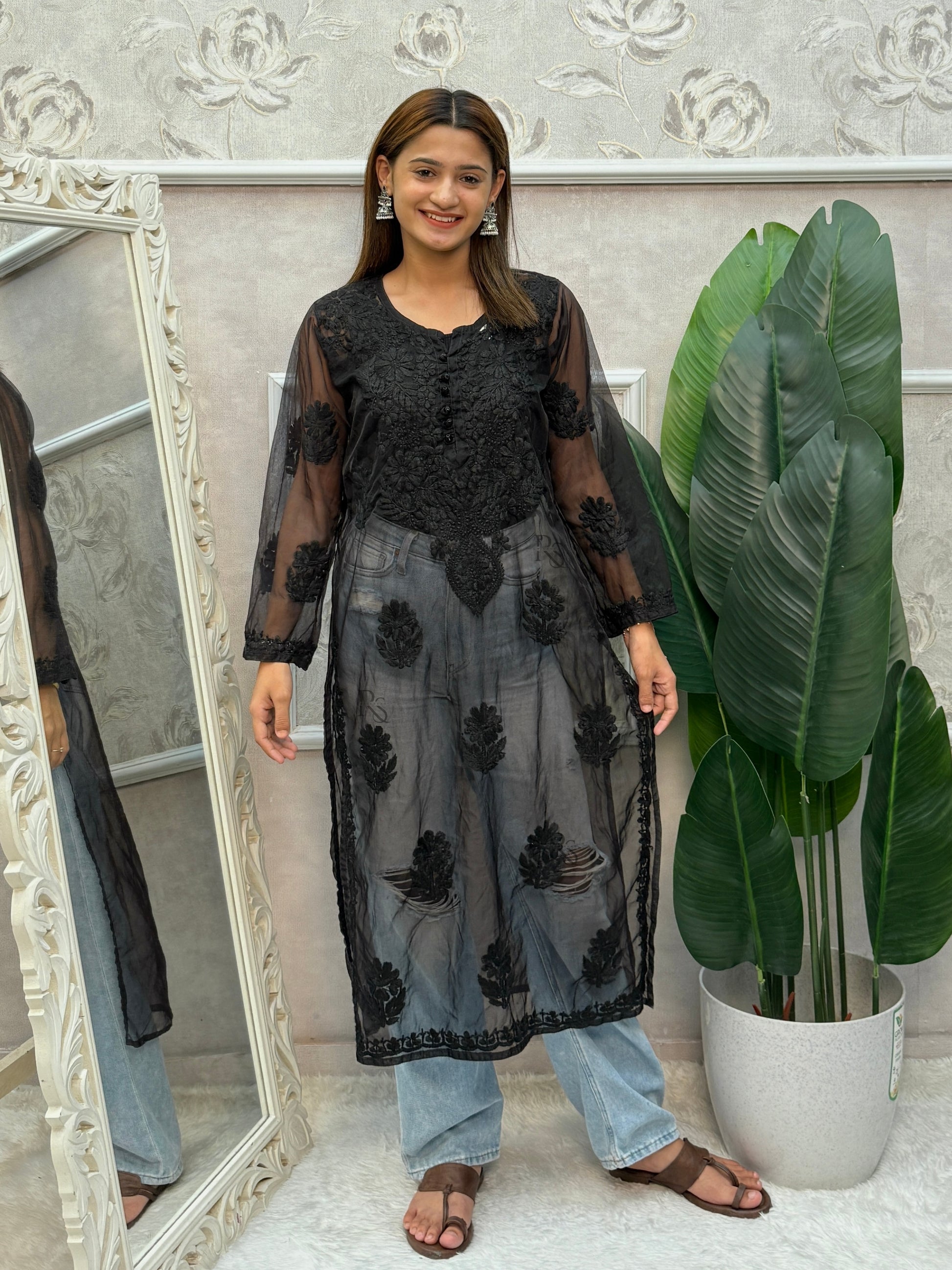 Black Lucknow Chikankari organza kurta with hand embroidery in transy fabric.