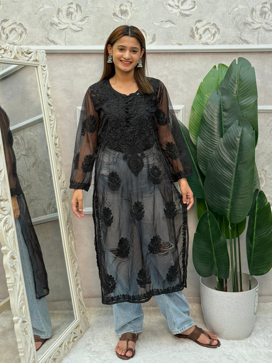 Black Lucknow Chikankari organza kurta with hand embroidery in transy fabric.