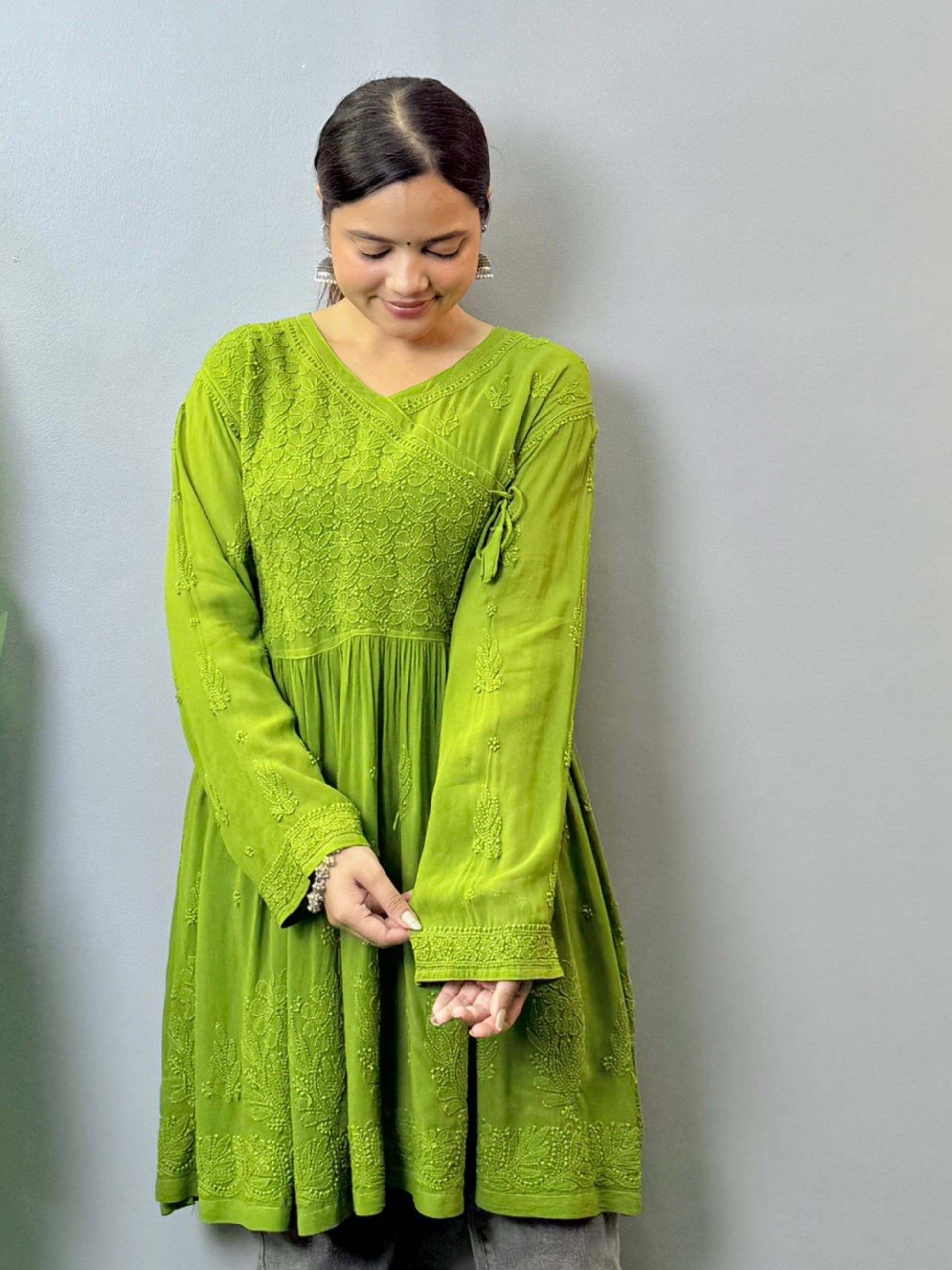 Olive green viscose angrakha-style Lucknowi Chikankari short kurta with hand embroidery