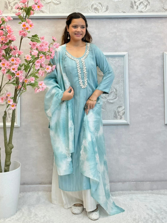 Sky blue rayon kurta set with palazzo and printed chanderi dupatta, featuring embroidered neckline
