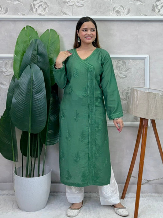 Emerald green Chanderi Chikankari Angrakha-style kurta with hand embroidery – ethnic wear for women